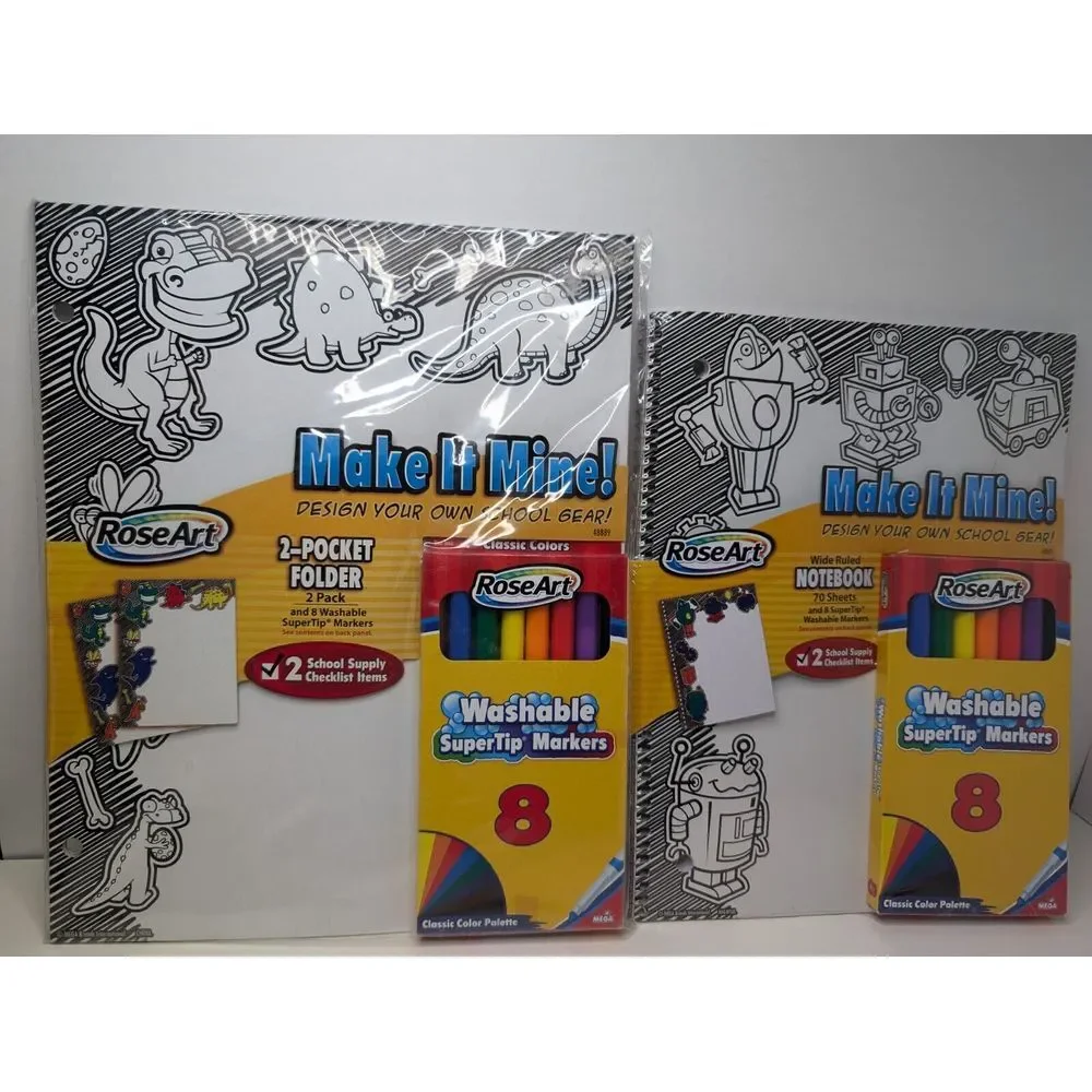 RoseArt Make It Mine! 2 Pocket Folder 2 Pack & Wide Ruled Notebook Dino's & Robo
